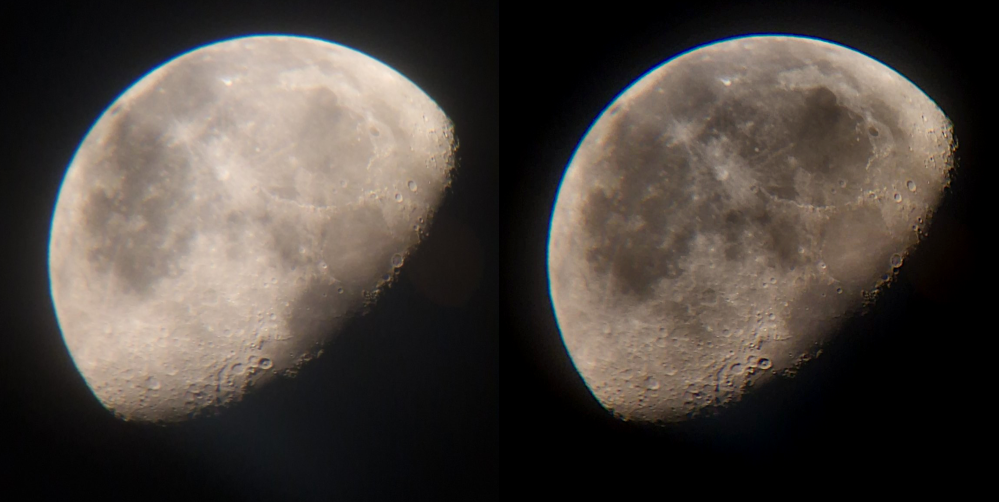 Two pictures of the moon. Left side is very bright, and a little bit blurry. Right side after processing, the details on the surface are much more visible, especially in the "mare" regions.